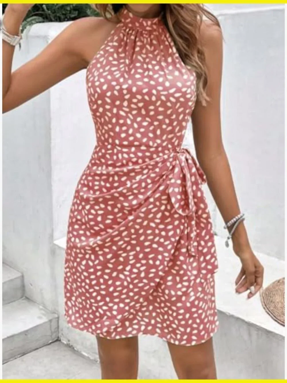 Dot Print Halter Neck Sundress Casual Zipper Back Tie Waist Summer Dress